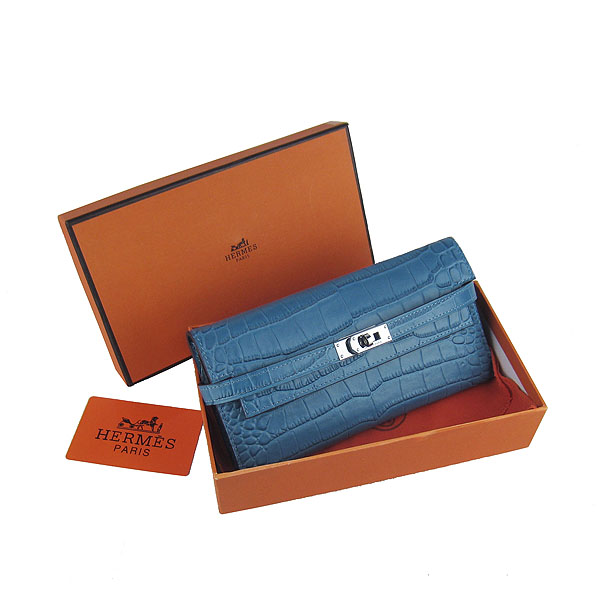 High Quality Hermes Kelly Crocodile Veins Long Clutch Bag Blue H009 Replica